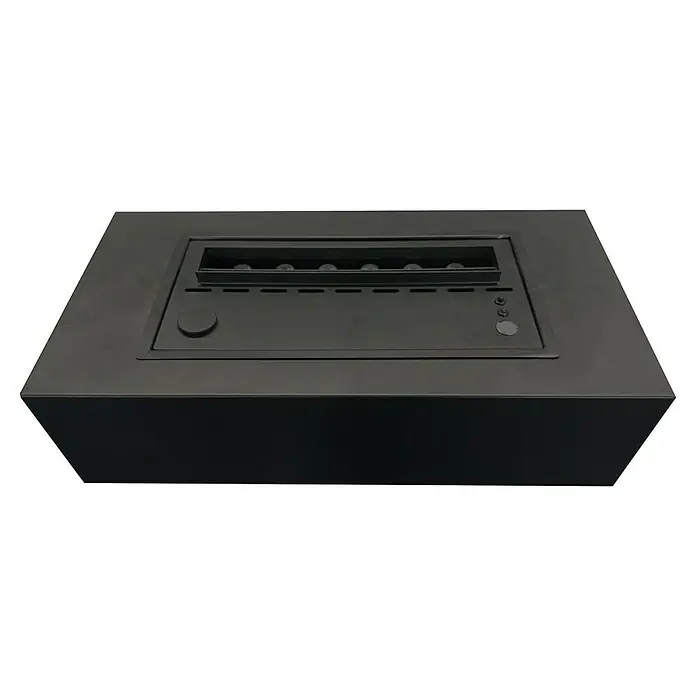 Purline Chimenea eléctrica Firecool B - Negro, 60 W, 18 x 35 x 14,6 cm - Una chimenea de mesa de bioetanol rectangular, moderna y gris oscuro que crea un ambiente cálido y elegante.