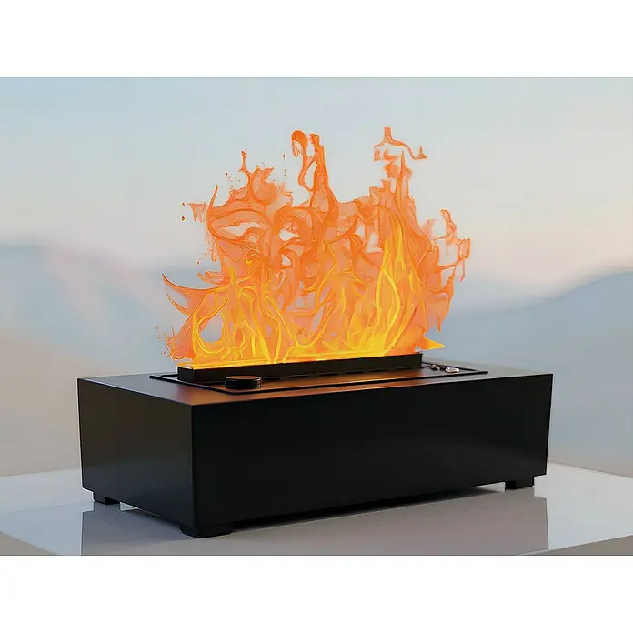 Purline Chimenea eléctrica Firecool B - Negro, 60 W, 18 x 35 x 14,6 cm - Primer plano de una chimenea eléctrica con efectos de llama realistas, colocada sobre una superficie elegante.