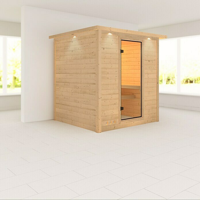 Karibu Elementsauna Mojave (Ohne Ofen, Mit Dachkranz und Beleuchtung, Materialspezifizierung Tür: Ganzglas Bronze, L x B x H: 224 x 210 x 192 cm)
