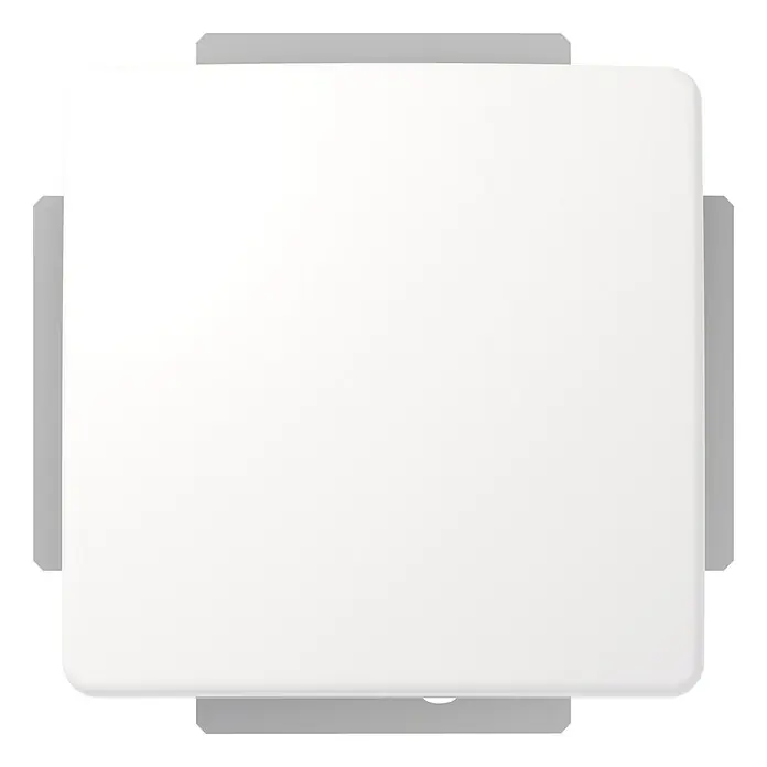 Voltomat LINEA Wechselschalter - Alpinweiß, Unterputzmontage, 10 A, 6 Stk. - Eine Nahaufnahme einer modernen, quadratischen LED-Deckenleuchte mit grauen Halterungen, die ein helles, indirektes Lichtdesign zeigt.