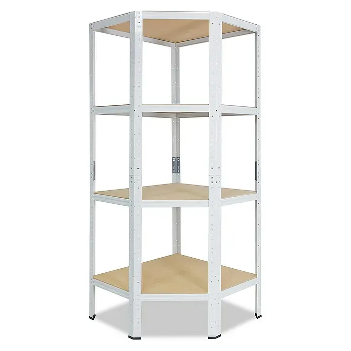 shelfplaza Schwerlastregal HOME - H x B x T: 155 x 60 x 30 cm, Traglast pro Boden: 175 kg, Stecken, weiß - Auf dem Bild ist ein Eckregal mit vier Ablagen zu sehen, das sich ideal für die Aufbewahrung verschiedener Gegenstände eignet.