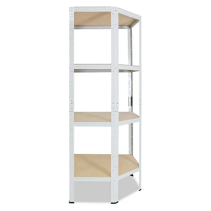 shelfplaza Schwerlastregal HOME - H x B x T: 155 x 60 x 30 cm, Traglast pro Boden: 175 kg, Stecken, weiß - Das Bild zeigt ein weißes, freistehendes Metallregal mit vier Regalböden aus hellem Holz. Das Regal ist schlicht und funktional gestaltet.