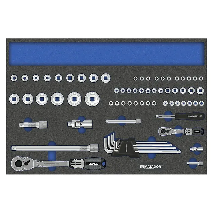 Matador Tool System Steckschlüssel-Set - 72 -tlg. - Organisierter Werkzeugkasten von Matador mit verschiedenen Steckschlüsseln, Verlängerungen und Schraubendrehern, ideal für Profis.