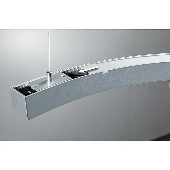 Paulmann Linion Abdeckung Kurve - L x B x H: 3,6 x 78,6 x 0,1 cm, Weiß - Detailaufnahme einer gebogenen LED-Leuchte aus Aluminium mit Aufhängung und interner Verkabelung, ideal für moderne Innenräume.