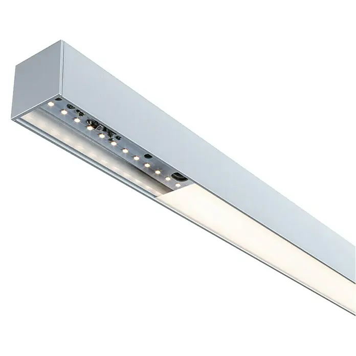 Paulmann Linion Lichtkanal - Warmweiß, Chrom matt, L x B x H: 50 x 4 x 4 cm - Nahaufnahme einer linearen LED-Leuchte mit silbernem Gehäuse und warmweißem Licht, ideal für moderne Innenräume.