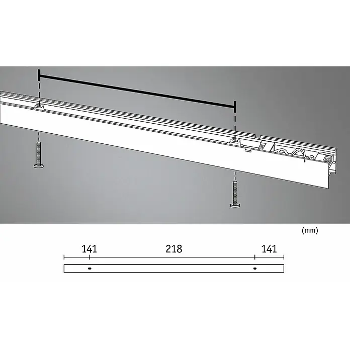Paulmann Linion Lichtkanal - Warmweiß, Chrom matt, L x B x H: 50 x 4 x 4 cm - Abbildung eines weißen Schiebetürbeschlags mit Schrauben und Maßangaben in Millimetern.