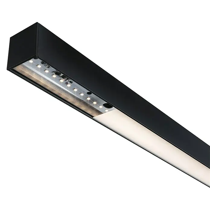 Paulmann Linion Lichtkanal - Warmweiß, Signalschwarz, L x B x H: 100 x 4 x 4 cm - Nahaufnahme einer linearen LED-Leuchte mit schwarzem Gehäuse, die modernes Design und effiziente Beleuchtungslösungen zeigt.