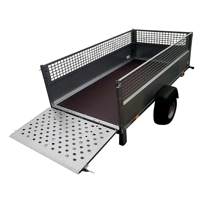 Stema Kippanhänger Rex 21 Gitterbordwand - Nutzlast: 486 kg, Einachser, Kasteninnenmaß: 210 x 128 x 66 cm (inkl. Gitter), Ungebremst - Abbildung eines offenen Anhängers mit Rampe und Gitteraufbau, ideal für diverse Transportbedürfnisse.