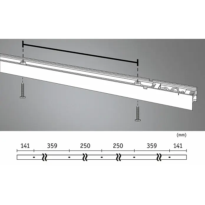 Paulmann Linion Lichtkanal - Warmweiß, Chrom matt, L x B x H: 150 x 4 x 4 cm - Detailansicht einer weißen Aluminiumschiene zur Montage mit Schrauben, inklusive Maßangaben zur korrekten Installation.