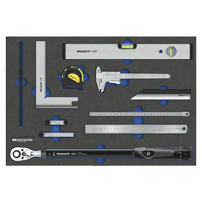 Matador Tool System Werkzeugsatz-Einlage Messwerkzeug-Set - 11 -tlg. - Werkzeugsatz von Matador mit einer Auswahl an Messwerkzeugen, inklusive Schraubenschlüssel, Wasserwaage, Messschieber und mehr.