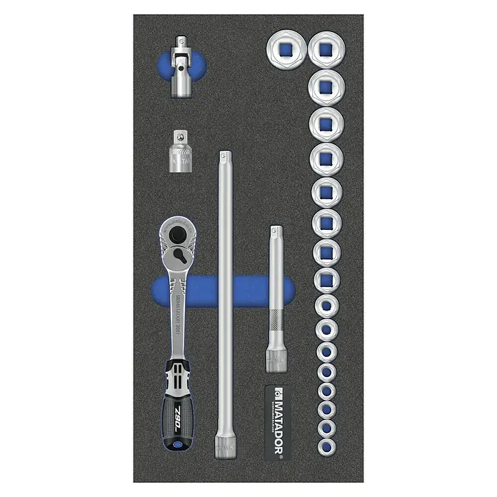 Matador Tool System Steckschlüsseleinsatz-Set - ⅜″, 22 -tlg. - Bild eines Matador Werkzeugsatzes in einer dunklen Schaumstoffeinlage, bestehend aus Ratsche, Verlängerungen und Stecknüssen.