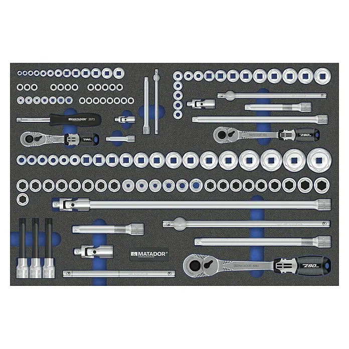 Matador Tool System Steckschlüssel-Set - 120 -tlg. - Ein grauer Werkzeugkasten-Einsatz mit einer Vielzahl von Matador-Steckschlüsseln, Schraubendrehern und Ratschen, die ordentlich angeordnet sind.