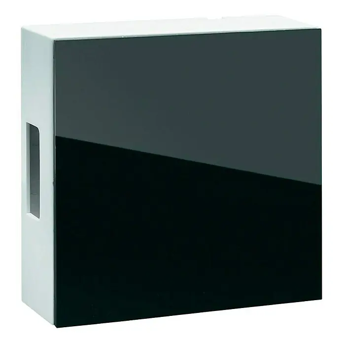Grothe 2-Klang-Gong 465A - 47 x 118 x 118 mm, 83 dB, Schwarz, Glänzend, Kunststoff - Nahaufnahme einer eleganten, quadratischen Box mit glänzend schwarzer Front und weißem Rahmen.