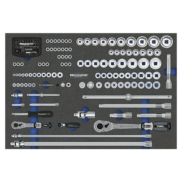 Matador Tool System Steckschlüsseleinsatz-Set - ½″, 145 -tlg. - Ein umfassendes Matador-Steckschlüssel-Set, ideal für Profis und Heimwerker, ordentlich in einem Schaumstoff-Einsatz präsentiert.