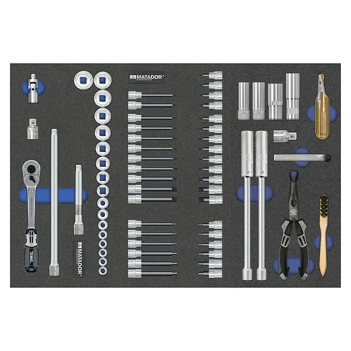 Matador Tool System Steckschlüsseleinsatz-Set - ⅜″, 69 -tlg. - Ein Werkzeugkasten von Matador mit verschiedenen Steckschlüsseln, Bits, Verlängerungen und anderem Zubehör.