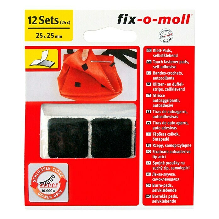 Fix-o-moll Klitten- en duffelstrips (25 x 25 mm, Zwart, Zelfklevend, 12 stk.)
