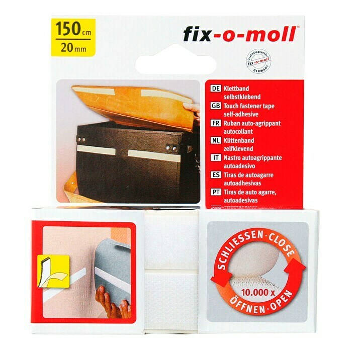 Fix-o-moll Klettband (150 cm x 20 mm, Weiß, Selbstklebend)