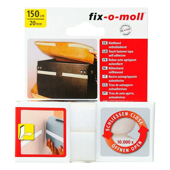 Fix-o-moll Klettband - 150 cm x 20 mm, Weiß, Kleben - Fix-o-moll Klettband, 150cm x 20mm, selbstklebend für vielseitige Anwendungen im Haushalt & Büro. Einfache Befestigung, wiederverschließbar.