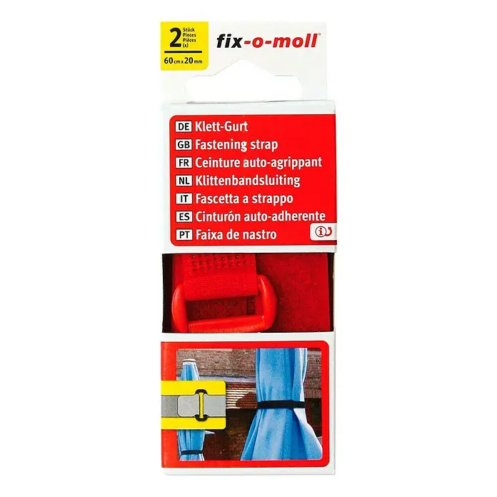 Fix-o-moll Klettgurt Mini - 60 cm x 20 mm, Rot, 2 Stk. - Bild der Fix-o-Moll Klett-Gurte, 2 Stück, 60 cm x 20 mm, vielseitig einsetzbar zur Befestigung und Ordnung.