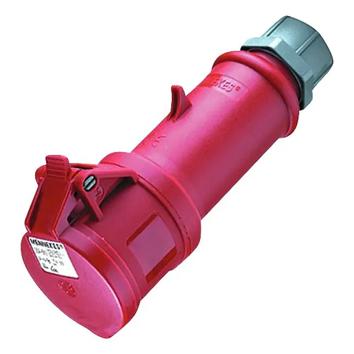 Mennekes CEE-Kupplung - 16 A, 400 V, Polanzahl: 5 Stk., IP44 - Ein roter, wasserdichter Industriestecker mit grauem Verschluss, der für den Einsatz in anspruchsvollen Umgebungen entwickelt wurde.