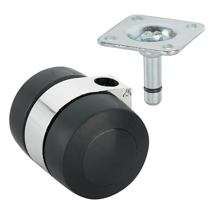 Stabilit Doppelrolle - Durchmesser Rollen: 35 mm, Traglast: 50 kg, Gleitlager, Mit Platte - Drehbare Möbelrolle mit schwarzer Gummirolle, Chromgehäuse und Befestigungsplatte für einfache Montage.