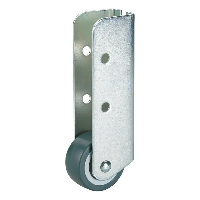 Stabilit Möbel-Bockrolle - Durchmesser Rollen: 38 mm, Traglast: 45 kg, Gleitlager, Mit Platte - Das Bild zeigt ein silbernes Möbelrad mit einer grauen Rolle und einer U-förmigen Halterung mit Löchern zur Befestigung.