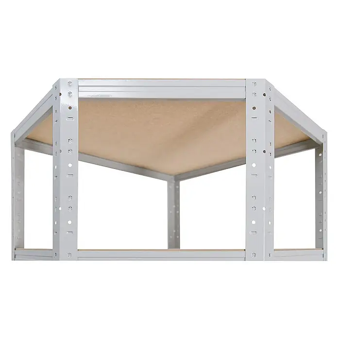 shelfplaza Schwerlastregal OFFICE - H x B x T: 180 x 80 x 50 cm, Traglast pro Boden: 175 kg, Stecken, lichtgrau - Nahaufnahme eines grauen Lagerregals mit Holzböden, das Stabilität und Ordnung für Lagerlösungen bietet.
