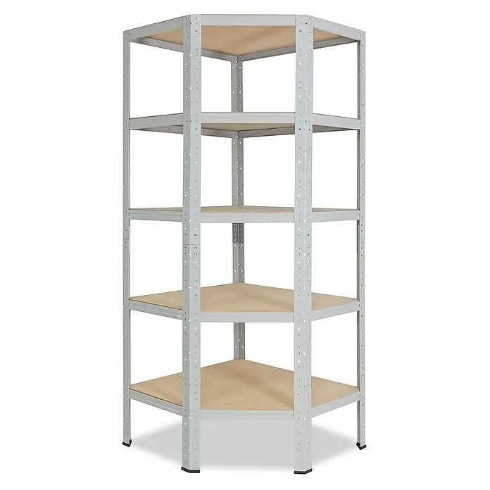 shelfplaza Schwerlastregal OFFICE - H x B x T: 180 x 80 x 50 cm, Traglast pro Boden: 175 kg, Stecken, lichtgrau - Eckregal mit fünf Regalböden aus Holz und einem Rahmen aus grauem Metall. Ideal zur optimalen Ausnutzung von Ecken im Raum.