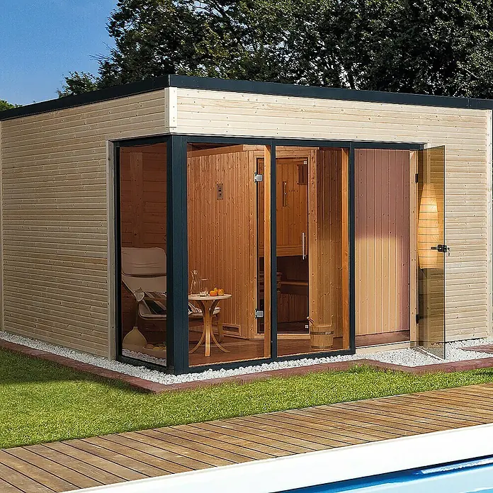 Weka Saunahaus CUBILIS 7,5 kW BioS - Bioofen, Steuerung Ofen: Extern, L x B x H: 194 x 194 x 199 cm - Holzsauna im Freien mit Glasfront und Holzboden, ideal für entspannende Momente. Die Sauna bietet eine moderne und stilvolle Möglichkeit zur Erholung.