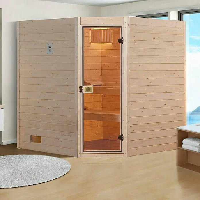 Weka Massivholzsauna Valida Eck 2 GT - L x B x H: 189 x 189 x 203,5 cm, Grundfläche: 3,02 m² - Nahaufnahme einer Holzsauna mit Glastür, die ein helles Interieur mit Bänken offenbart. Ein entspannender und stilvoller Wellnessbereich für zu Hause.