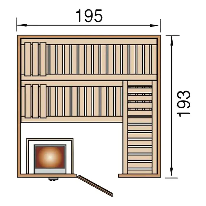 Weka Massivholzsauna KEMI 529 GT - L x B x H: 193 x 195 x 199 cm, Ohne Ofen - Grundriss einer Holzsauna mit Bänken, Ofen und den Maßen 195x193 cm.
