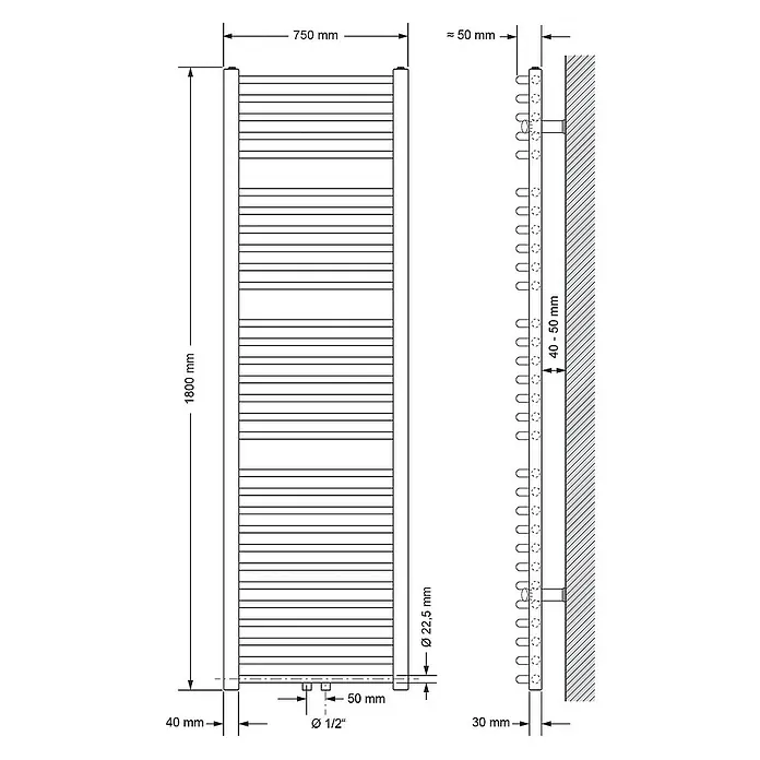 LuxeBath Badheizkörper Handtuchwärmer Mittelanschluss gebogen mit Universal Thermostatventil - B x H: 75 x 180 cm, Weiß - Abbildung eines Heizkörpers mit Maßangaben, einschließlich Höhe, Breite, Durchmesser und Wandabstand.