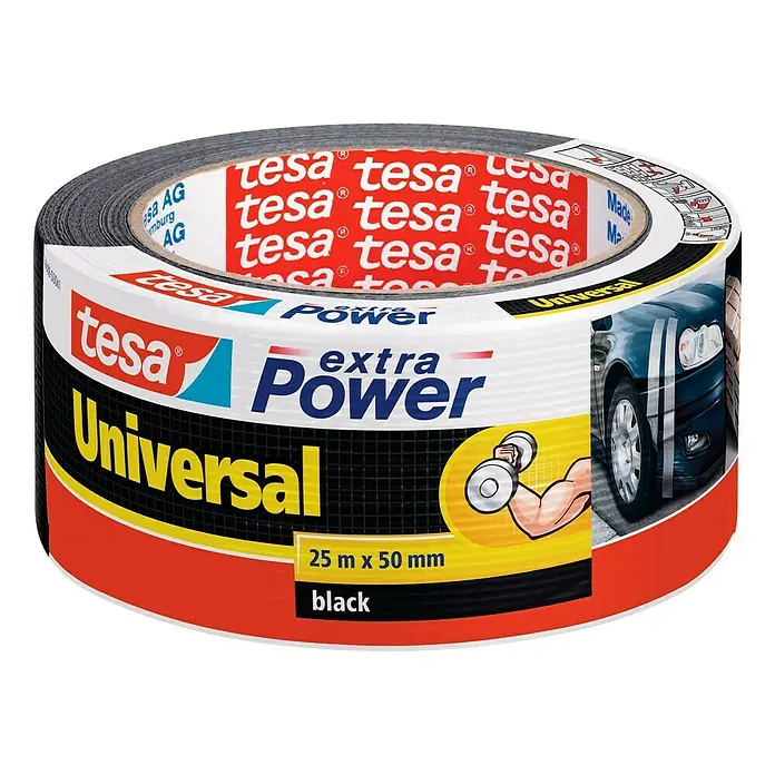 Tesa Extra Power Folienband Universal - Schwarz, 25 m x 50 mm - Tesa Universal Extra Power Gewebeband, schwarz, für Reparaturen, Bündeln und Befestigen im Innen- und Außenbereich. Vielseitig und strapazierfähig.