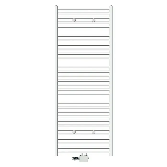 LuxeBath Badheizkörper Handtuchwärmer Mittelanschluss gebogen mit Universal Thermostatventil - B x H: 75 x 180 cm, Weiß - Bild eines weißen Handtuchwärmers mit horizontalen Stangen und runden Befestigungselementen, ideal für Badezimmer.