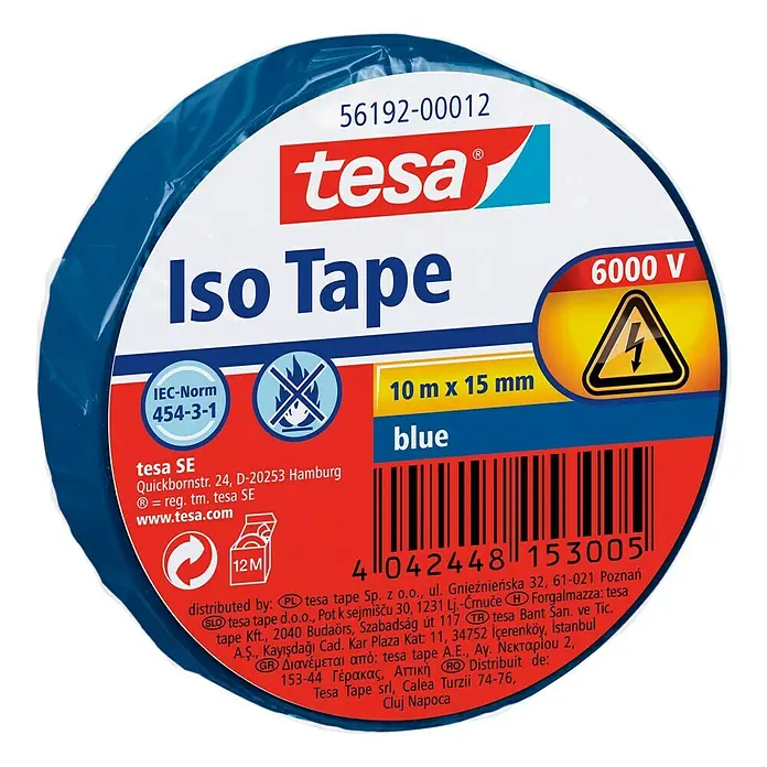 Tesa Isolierband Iso Tape - Blau, 10 m x 15 mm - Aufnahme von Tesa Iso Tape, einer blauen Isolierbandrolle, die durch ihre elektrische Isolierfähigkeit und Qualität auffällt.