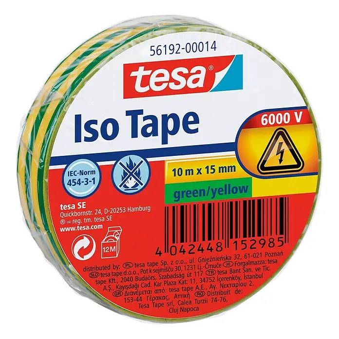 Tesa Isolierband Iso Tape - Gelb, 10 m x 15 mm - Nahaufnahme einer Rolle Tesa Iso Tape, grün/gelbes Isolierband für Elektroinstallationen, mit Warnsymbol für Hochspannung.