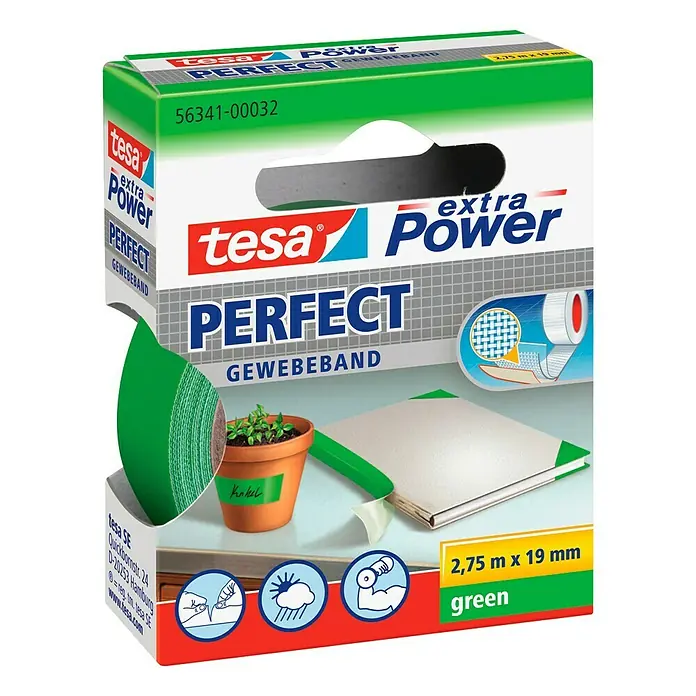 Tesa Extra Power Gewebeband PERFECT - Grün, 2,75 m x 19 mm - Abbildung eines Tesa Perfect Gewebebandes in Grün, ideal für Reparaturen, Befestigungen und zum Bündeln, mit einer Länge von 2,75 m und 19 mm Breite.