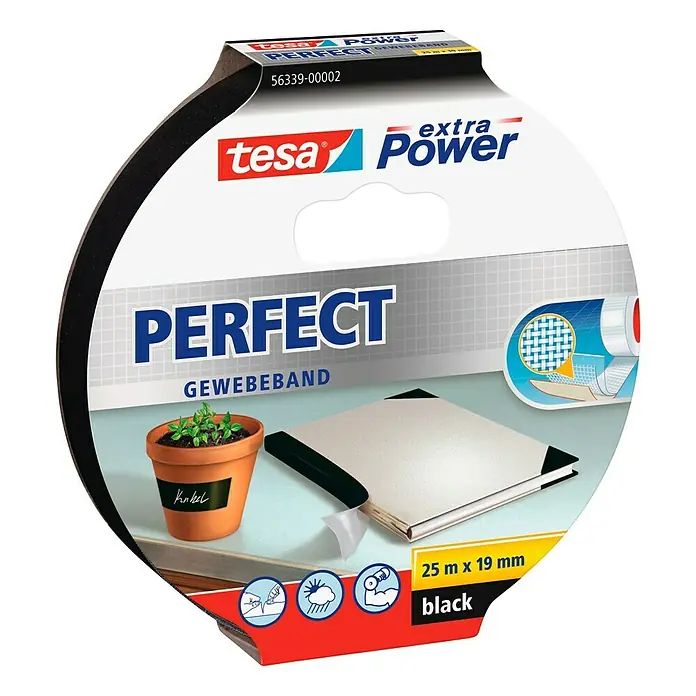 Tesa Extra Power Gewebeband PERFECT - Schwarz, 25 m x 19 mm - Abbildung einer Rolle Tesa Perfect Gewebeband Extra Power, schwarz, 25 m x 19 mm, vielseitig einsetzbar und zuverlässig.