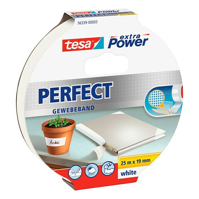 Tesa Extra Power Gewebeband PERFECT (Weiß, 25 m x 19 mm)