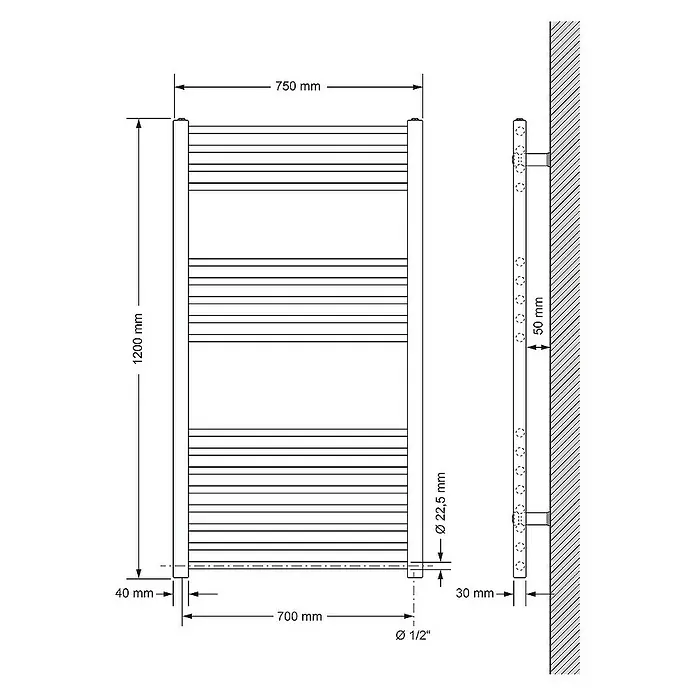 LuxeBath Badheizkörper Design Handtuchheizkörper Handtuchwärmer Seitenanschluss gerade 560 W - B x H: 75 x 120 cm, Anthrazit - Abbildung eines Handtuchwärmers mit Maßangaben, einschließlich Höhe, Breite und Rohrdurchmesser, zur detaillierten Produktinformation.