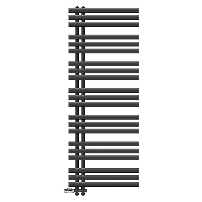 LuxeBath Badheizkörper Handtuchheizkörper Handtuchwärmer mit Durchgangsform Thermostatventil - B x H: 60 x 160 cm, Anthrazit - Ein dunkler, moderner Heizkörper mit horizontalen Streben und vertikalen Rohren, ideal für Badezimmer und Wohnräume.