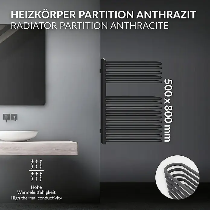 LuxeBath Badheizkörper Design Heizkörper Handtuchtrockner Badezimmer Heizung für Handtücher - B x H: 50 x 80 cm, Anthrazit - Anthrazitfarbener Heizkörper als Raumteiler (500x800 mm) mit hoher Wärmeleitfähigkeit für Badezimmer mit Waschtisch und Spiegel.