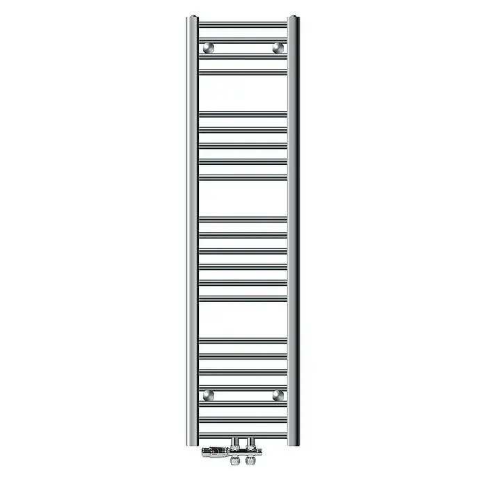 LuxeBath Badheizkörper Handtuchwärmer Mittelanschluss gerade mit Boden Thermostatventil - B x H: 30 x 140 cm, Chrom - Handtuchwärmer mit mehreren horizontalen Stangen und seitlichen vertikalen Stützen aus glänzendem Chrom für ein modernes Badezimmer.