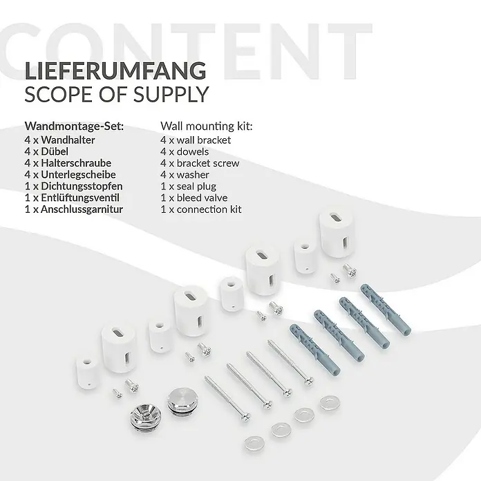 LuxeBath Badheizkörper Handtuchheizkörper Handtuchwärmer mit Universal Thermostatventil - B x H: 60 x 160 cm, Weiß - Bild zeigt ein Wandmontage-Set mit vier Wandhaltern, Dübeln, Schrauben, Unterlegscheiben sowie Dichtungsstopfen und Anschlussgarnitur.