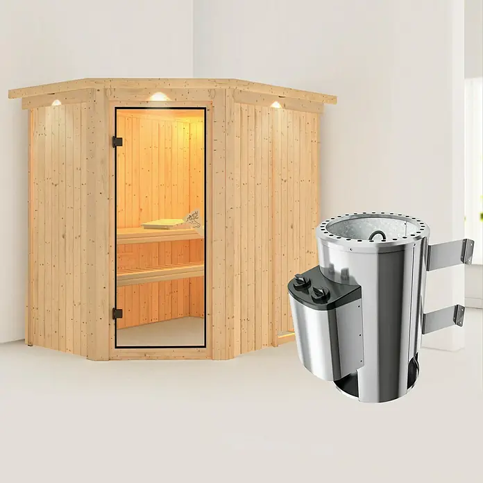 Karibu Massivholzsauna Saja - Mit 3,6 kW Ofen mit integrierter Steuerung, Mit Dachkranz und Beleuchtung, L x B x H: 165 x 210 x 192 cm - Bild einer Sauna mit einem Saunaofen. Der Ofen ist silbern und hat eine schwarze Steuerungseinheit mit Drehknöpfen.