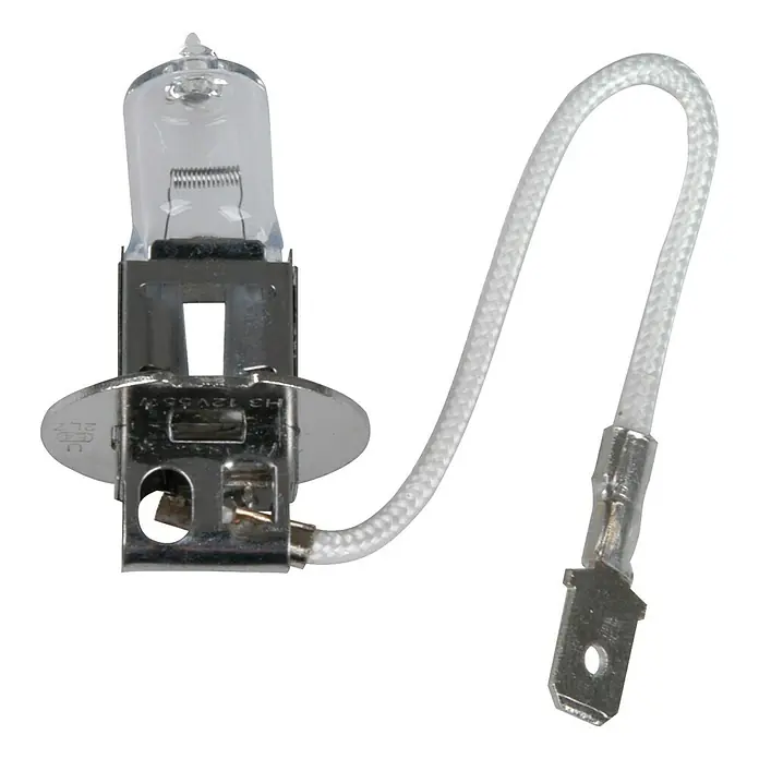 UniTEC Halogen-Scheinwerferlampe - H3, 1 Stk. - Produktabbildung einer Halogenlampe H3 12V 55W, ideal für Autoscheinwerfer. Die Lampe verfügt über einen Kabelanschluss mit Stecker.