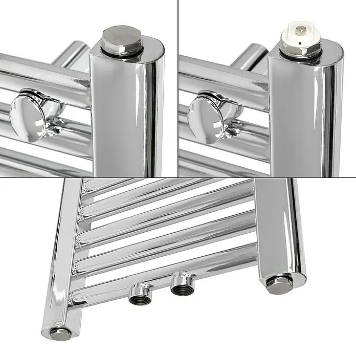 LuxeBath Badheizkörper Handtuchwärmer Mittelanschluss gerade mit Universal Thermostatventil - B x H: 30 x 140 cm, Chrom - Nahaufnahme eines chromglänzenden Handtuchwärmers, der Funktionalität und modernes Design vereint.\n