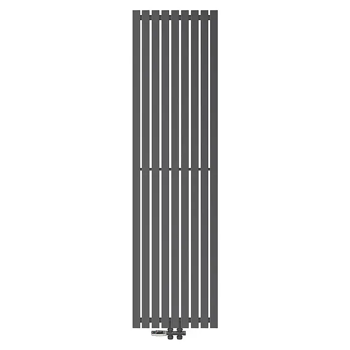 LuxeBath Badheizkörper Paneelheizkörper Handtuchwärmer mit Durchgangsform Thermostatventil - B x H: 48 x 180 cm, Anthrazit - Grauer Heizkörper mit vertikalen Paneelen und sichtbaren Anschlüssen für Heizungssysteme, ideal für moderne Wohnräume.\n