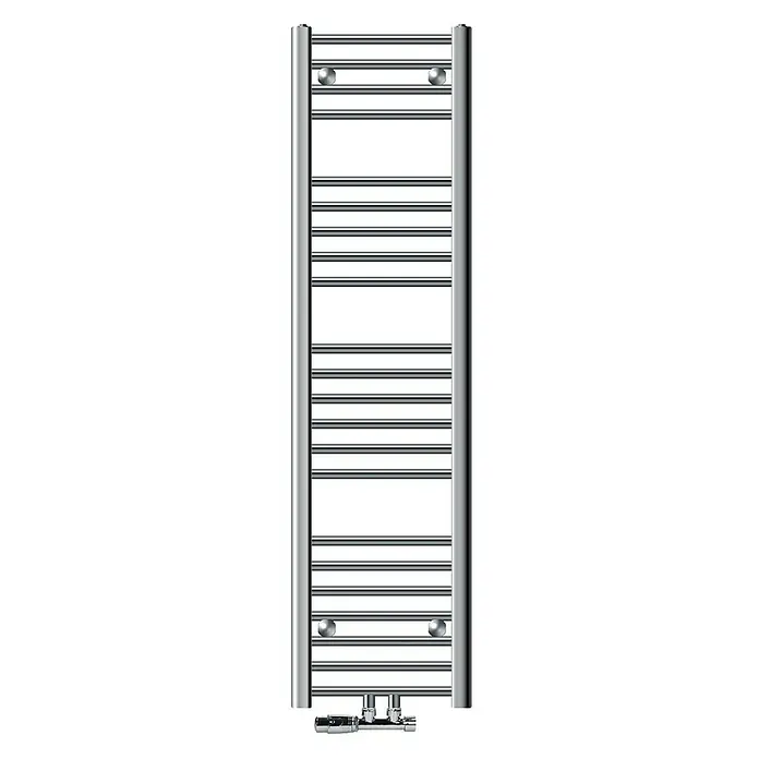 LuxeBath Badheizkörper Handtuchwärmer Mittelanschluss gerade mit Eckform Thermostatventil - B x H: 30 x 140 cm, Chrom - Ein silberner Handtuchwärmer mit horizontalen Heizstäben und seitlichen vertikalen Stützen. Das Heizgerät ist mit Thermostatventil versehen.