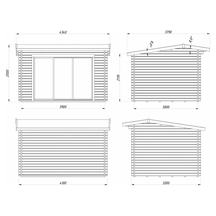 Palmako Gartenhaus - Außenmaß inkl. Dachüberstand (B x T): 434 x 379 cm, Holz, Braun, Isolierglas - Schema eines Gartenhauses mit Abmessungen für Bau- oder Designzwecke.